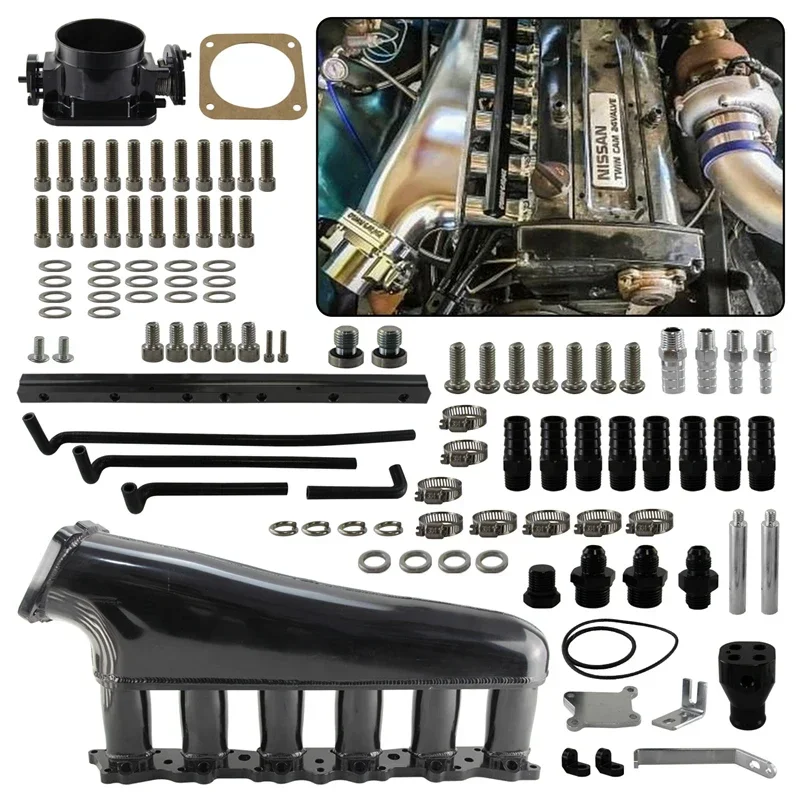 Фото Подходит для Nissan Skyline R32 RB20DET 2,0 л, впускной коллектор двигателя, топливная рейка, корпус дроссельной заслонки 90 мм 1989-1994, черный/серебристый №2