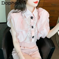 pink chiffon shirt for women 2022 summer new exquisite flowers beaded ruffled sleeve top ladies chic blusas