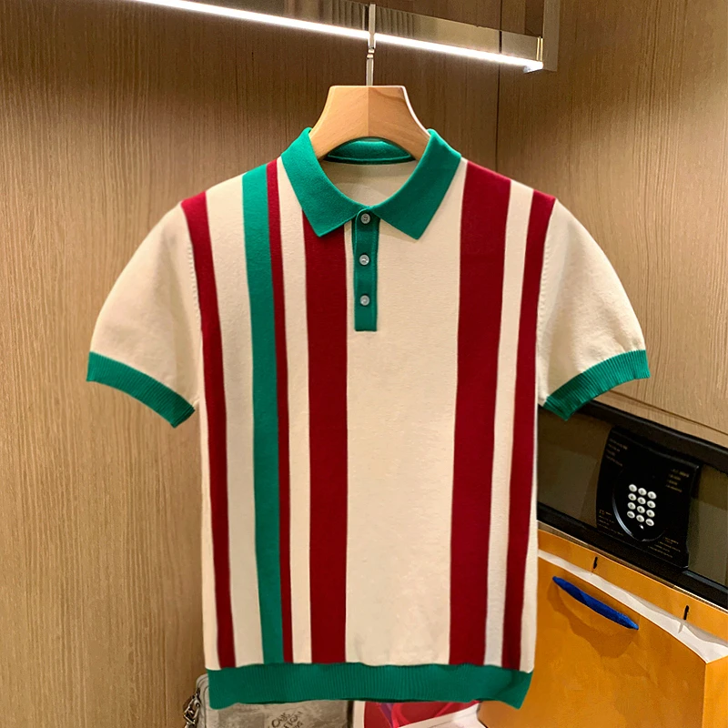 

2023 Spring Men Short Sleeve Polo Contrast Color Stripes Lapel Top Korean Slim Knit Men Polo High Quality Polo Shirt G97