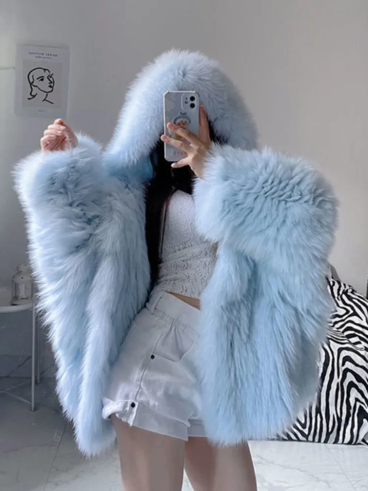 

M GIRLS Women Autumn Winter New Faux Fur Hooded Coats Female Imitation Fox Fur Plush Jackets Ladies Solid Loose Warm Outwear
