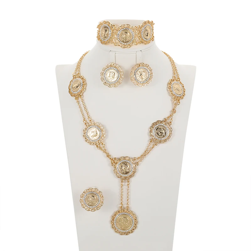 

New Dubai Gold Jewelry Set Nigerian Wedding Women Necklace Bracelet Earrings Ring Fashion African Designer Jewelry Set Wholesale