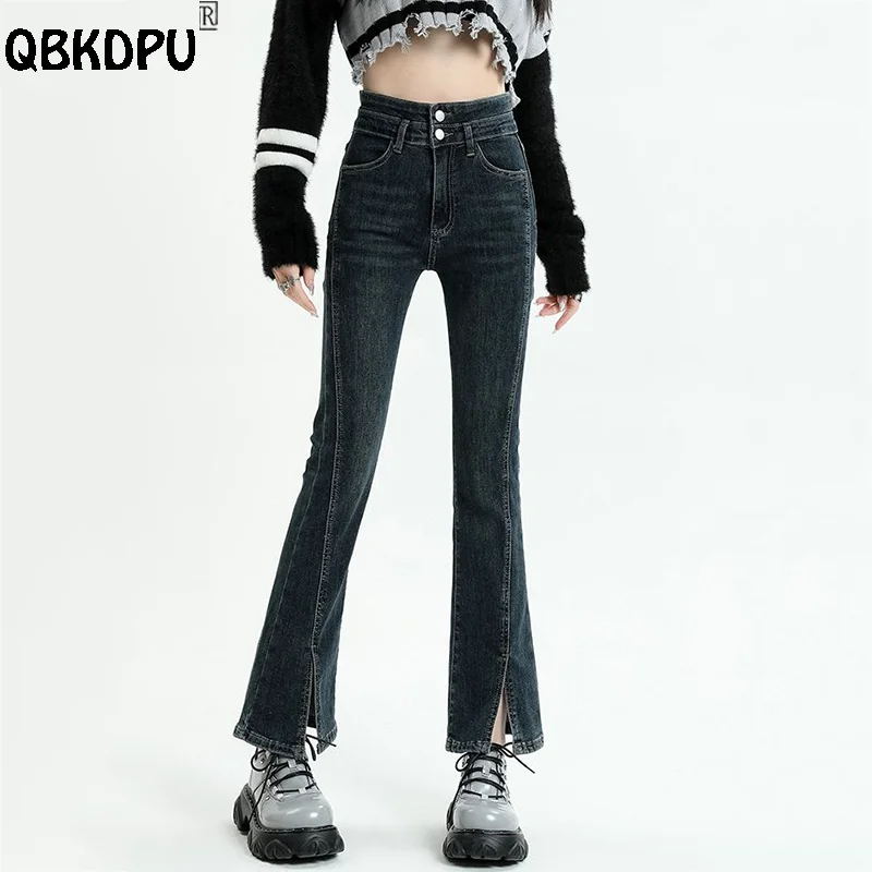 

Chic Split Design Flared Jeans Women 2023 High Waist Vintage Vaqueros Streetwear Skinny Pants 86-95cm Bell-Bottoms Denim Capris