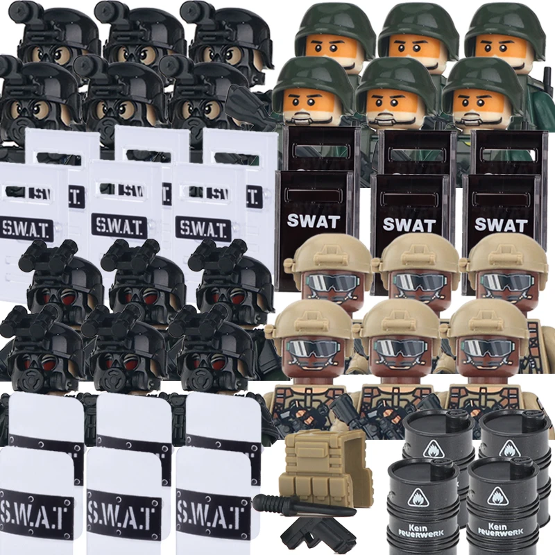 

MOC Modern Military Special Forces Soldiers Figures Police SWAT Blocks Army Troops Equipment Weapons Shield Gun Vest Bricks Toys