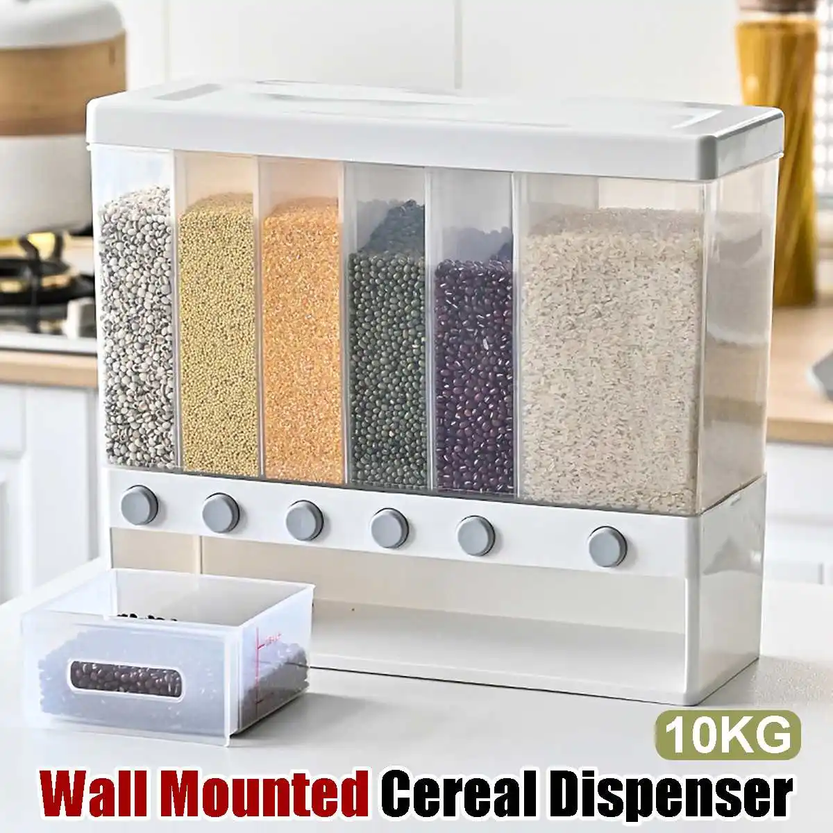 

10KG Wall Mounted Divided Rice and Cereal Dispenser 6 Moisture Proof Plastic Automatic Racks Sealed Food Storage Box