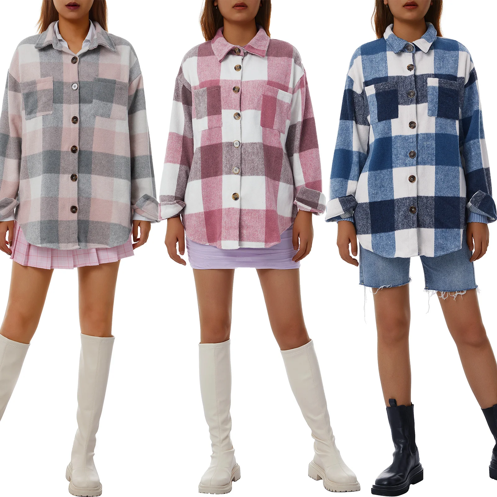 

Women Plaid Shirt Jacket, Adults Fashionable Creative Single-breasted Long Sleeve Lapel Slit Cardigan with Pocket