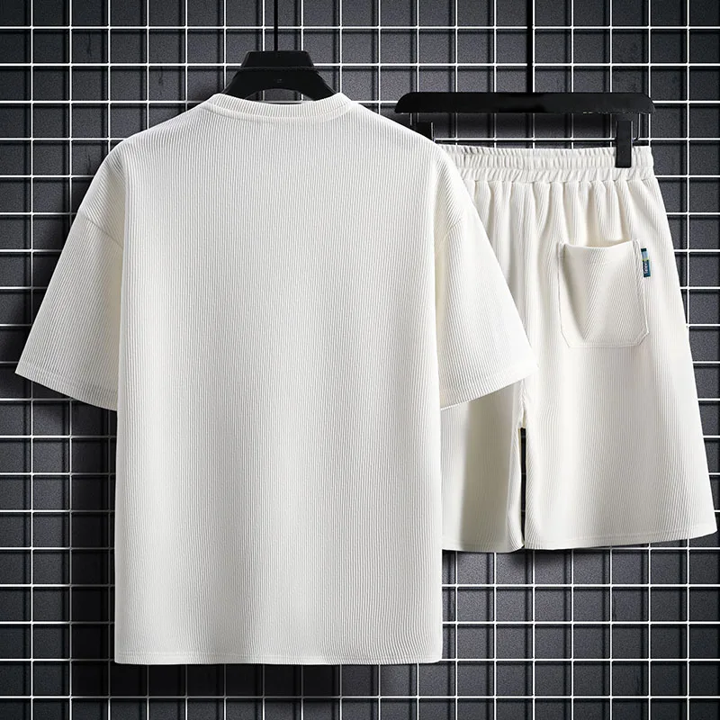 Men's Tracksuit Casual Sport 2-piece Set with Short Sleeve T-shirt and Shorts Waffle Loose Solid Color Men's Summer Sets