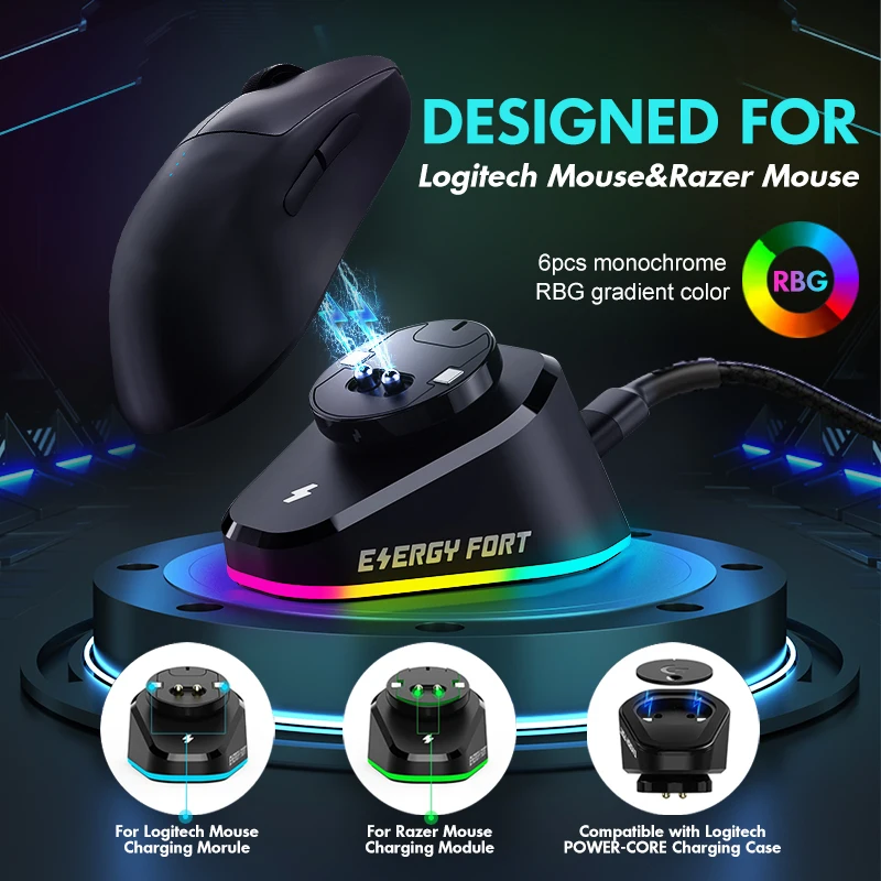 Беспроводное зарядное устройство RGB для мыши, магнитное зарядное устройство с двумя USB-портами, универсальное зарядное устройство для Logitech ...