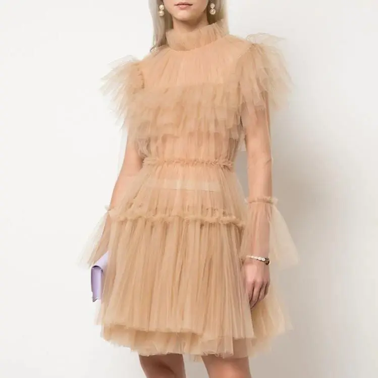 

High Neck Prom Dress Champagne Short Tulle Dress See-Through Full Sleeve Party Dress Layered A-Line Gown For Women Party 2022