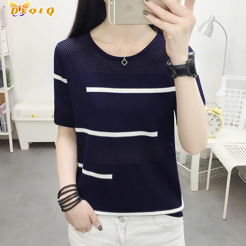 

Thin Summer Hollow Out Striped T Shirt Women Tshirt Knitted 2022 Korean T-Shirt Woman Clothes Tee Shirt Femme Camisetas Mujer