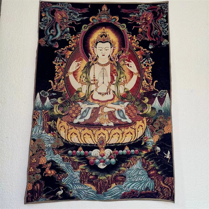 Религиозная картина танка вышитая жаккардовая четырехручный Гуаньинь