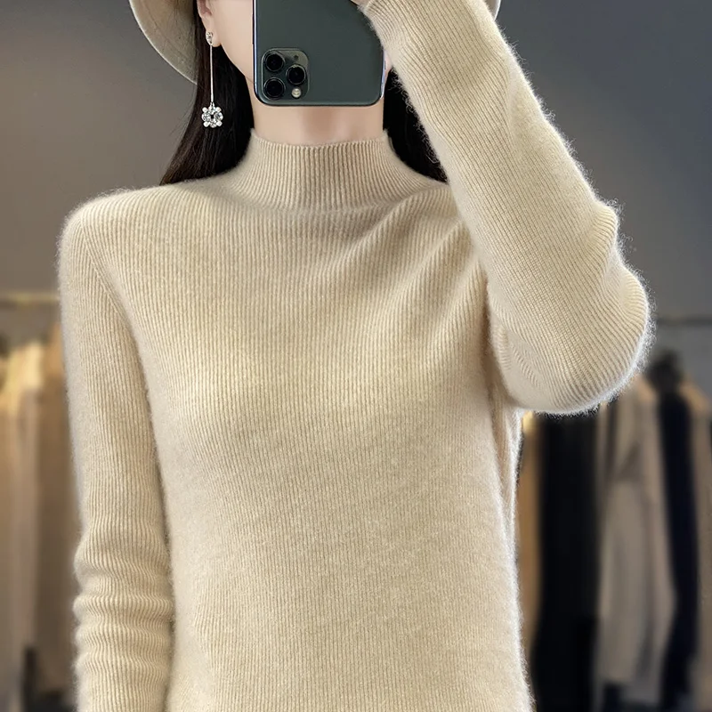

100% Merino Wool Cashmere Women Slim Fit Knitted Sweater Turtleneck Long Sleeve Pullover Female Jumper Official Store y2k