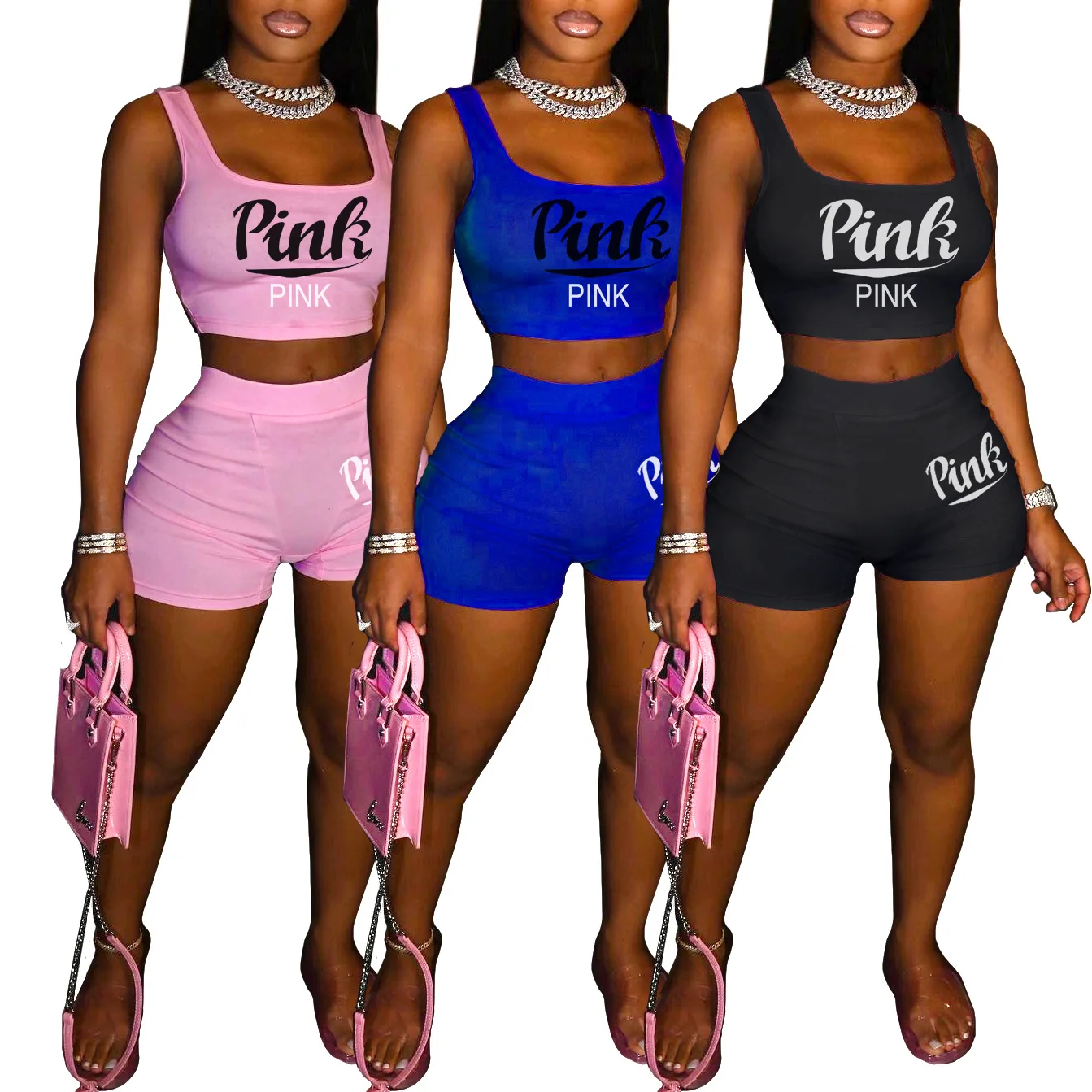 

Summer Sleeveless Tank Top Shorts Two Piece Set Women Pink Letter Print Tracksuit Casual Sport Jogger 2pcs Outfits 2022