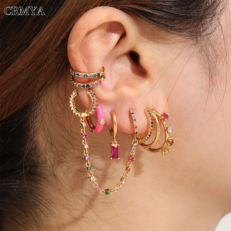 

Женские серьги-кольца CRMYA, золотистые/Серебристые серьги с двойной круглой цепочкой и разноцветными Фианитами, 2022