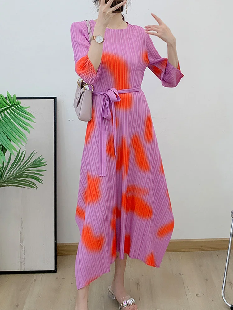 

Плиссированное Платье TVVOVVIN для женщин на шнуровке с круглым вырезом рукав три четверти свободная Осенняя женская модная одежда с принтом W5R2