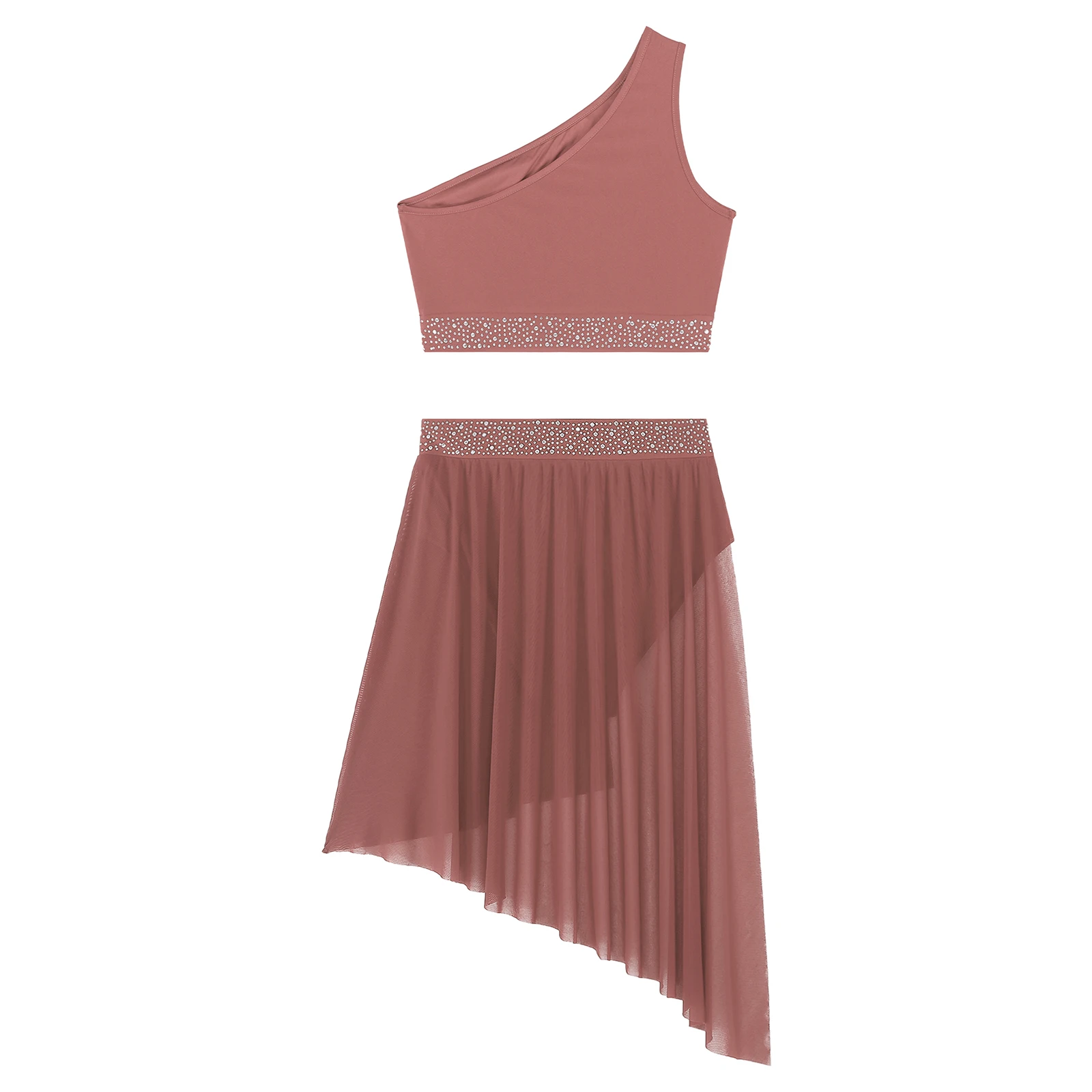 Women Lyrical Modern Dance Leotard Dress One Shoulder Bead Crop Top with Split Skirt Ballet Figure Skating Performance Dancewear