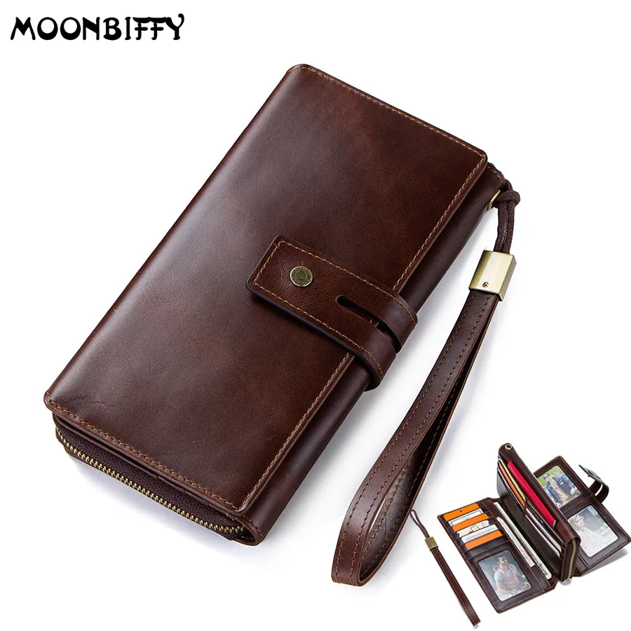 

New Crazy Horse Leather Men's Wallet Long Clutch Card Holders for Men Cowhide Purse Wallet with Phone Holder Carteira Masculina