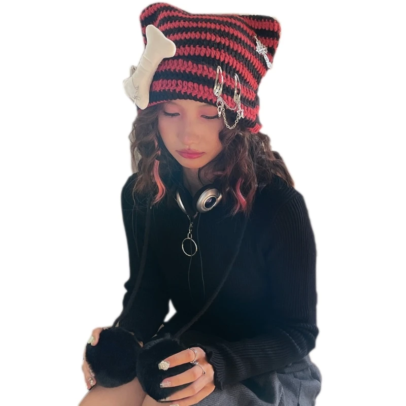 

Шапка с ушами, шапка с ушами, шапка с дьявольским Рогом, шапка с маленьким дьяволом, вязаная шапка в полоску