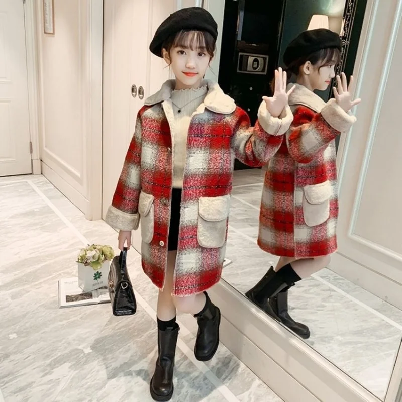 

Kid Girls Clothes Winter New Fashion One-piece Fleece Top Teens Clothing Cashmere Woolen Outerwear Plaid Patchwork Coat 4-14 Yrs