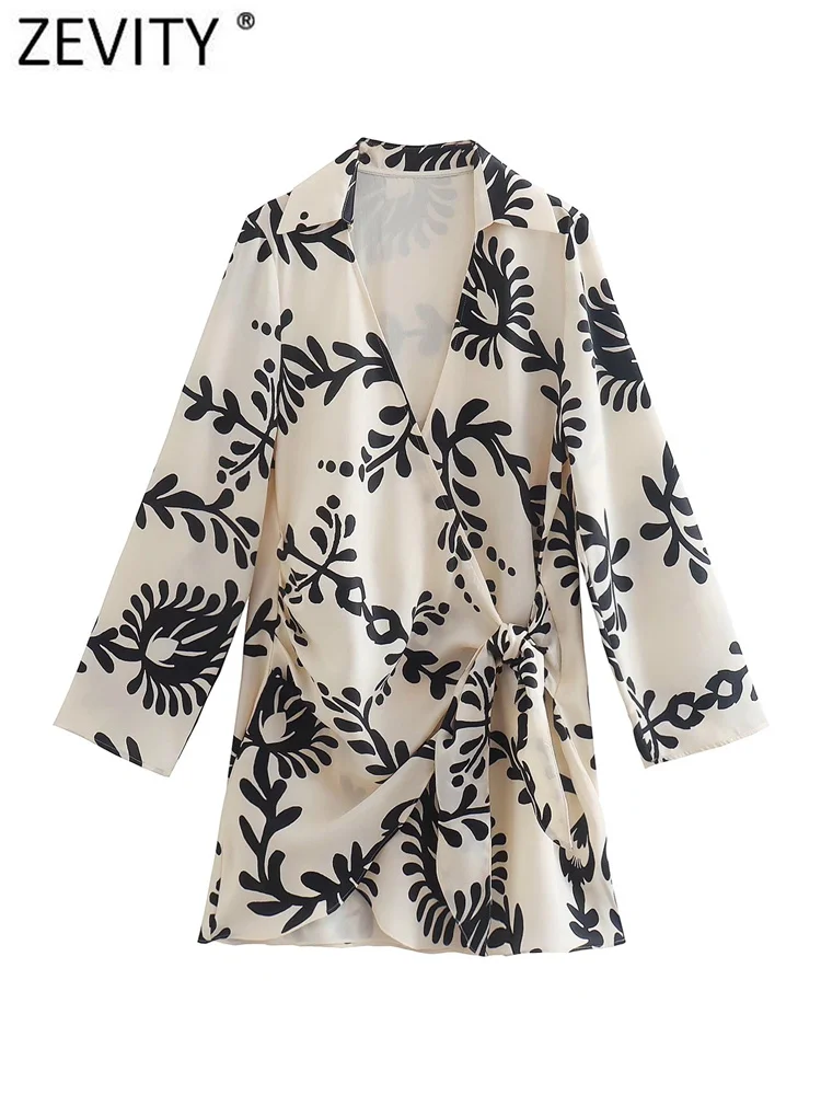 

Zevity Women Vintage Cross V Neck Floral Print Bow Tied Slim Mini Dress Lady Chic Long Sleeve Kimono Party Vestido Mujer DS468