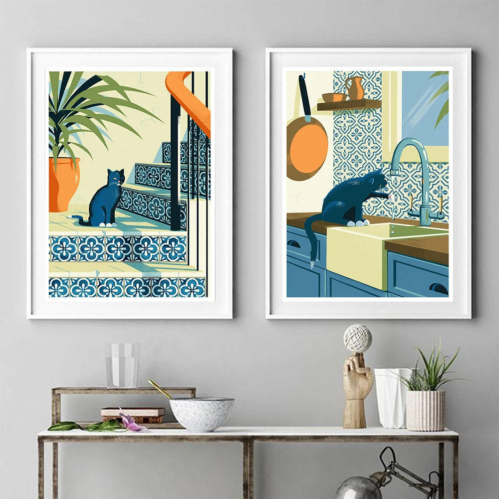 

Черная кошка на лестнице с Azulejos DIY Цифровая масляная живопись ручная роспись искусство стена спальня гостиная домашний декор уникальный по...