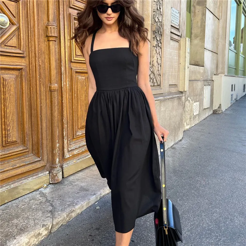 

Women Elegant Black Dress Sexy Sleeveless Pleated Long Dress Female Chic Strapless Vintage Dress summer dress women 2022 vestido