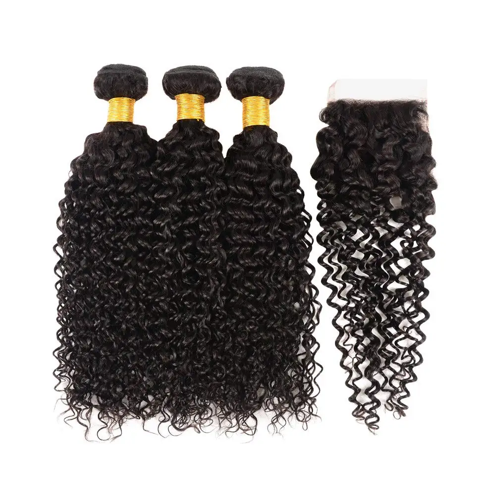 

4x4 Closure With Bundles Human Hair Indian Weave 3 4 Bundles Kinky Curly Hair With Closure Natural Hair Bundles With Closure