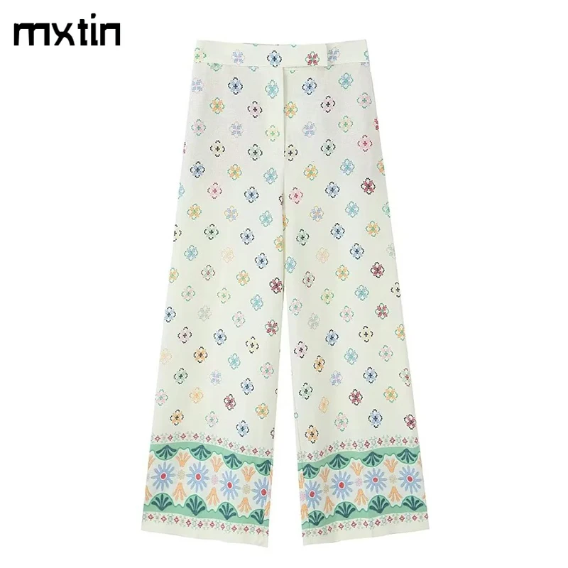 

Women Summer Fashion Floral Print Straight Pants Vintage Loose High Waist Fly Side Pockets Office Lady Female Casual Trousers