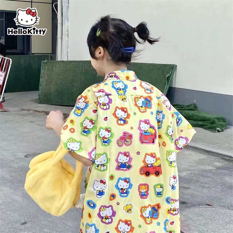 

Aoger Hello Kitty Summer Girls Clothes Yellow Shirts Vintage Fashion Designer Short Sleeve Shirt Women Cartoon Tops Y2k Blouse
