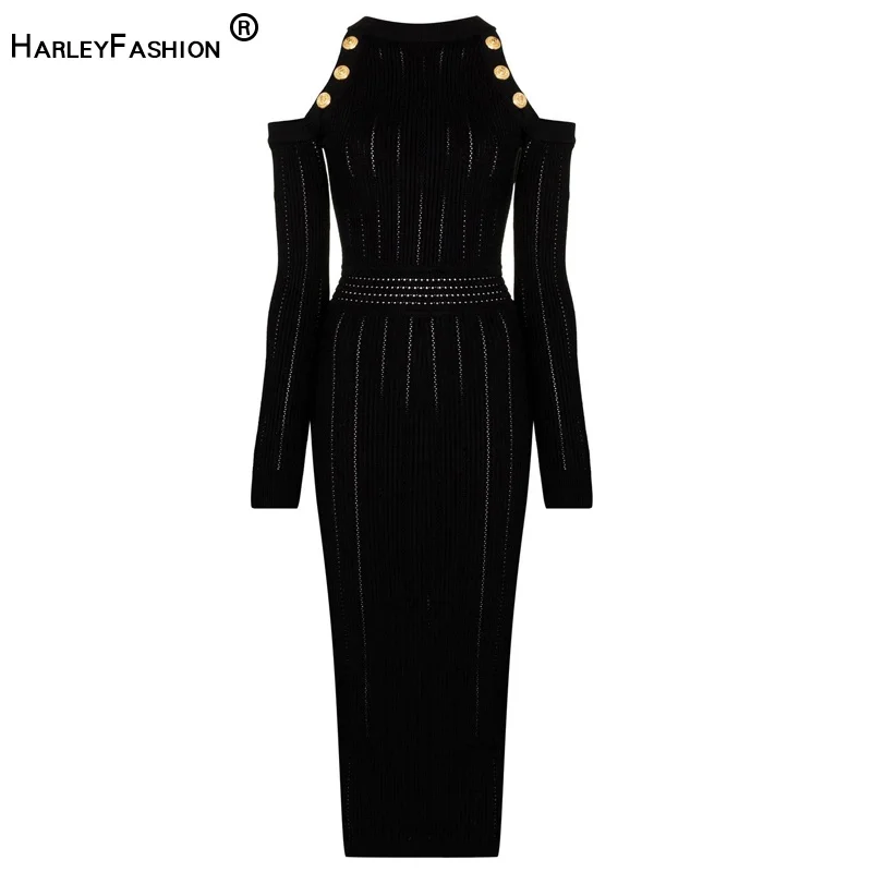 

Elegant Women Newest Sexy Off-Shoulder Black & White Long Knitted Nice Skinny Sheath Dress