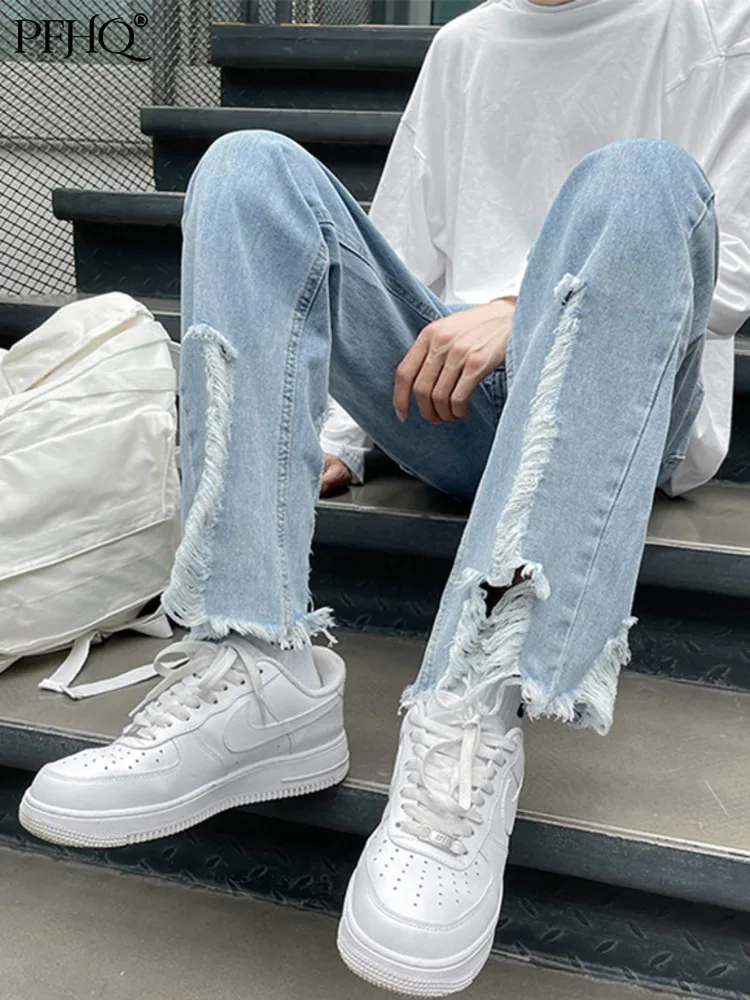 

Мужские джинсы с дырками PFHQ, с прямыми необработанными краями, дизайнерские Роскошные провисающие однотонные брюки со средней талией, осен...