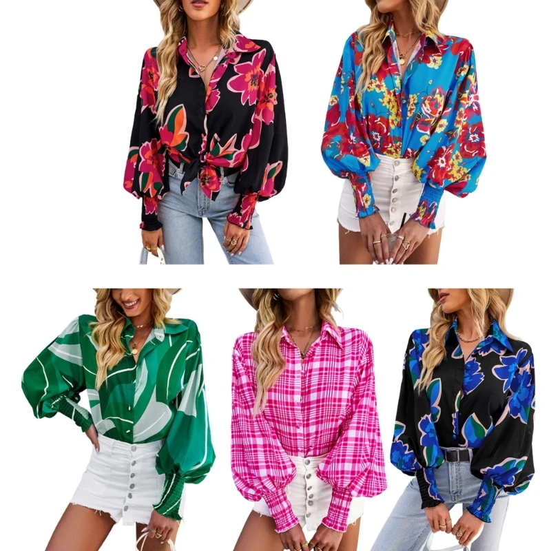 

Women Button Down Tunic Blouse Top Elegant Lantern Long Sleeve Lapel Collar Floral Print Office Lady Casual Loose Shirts