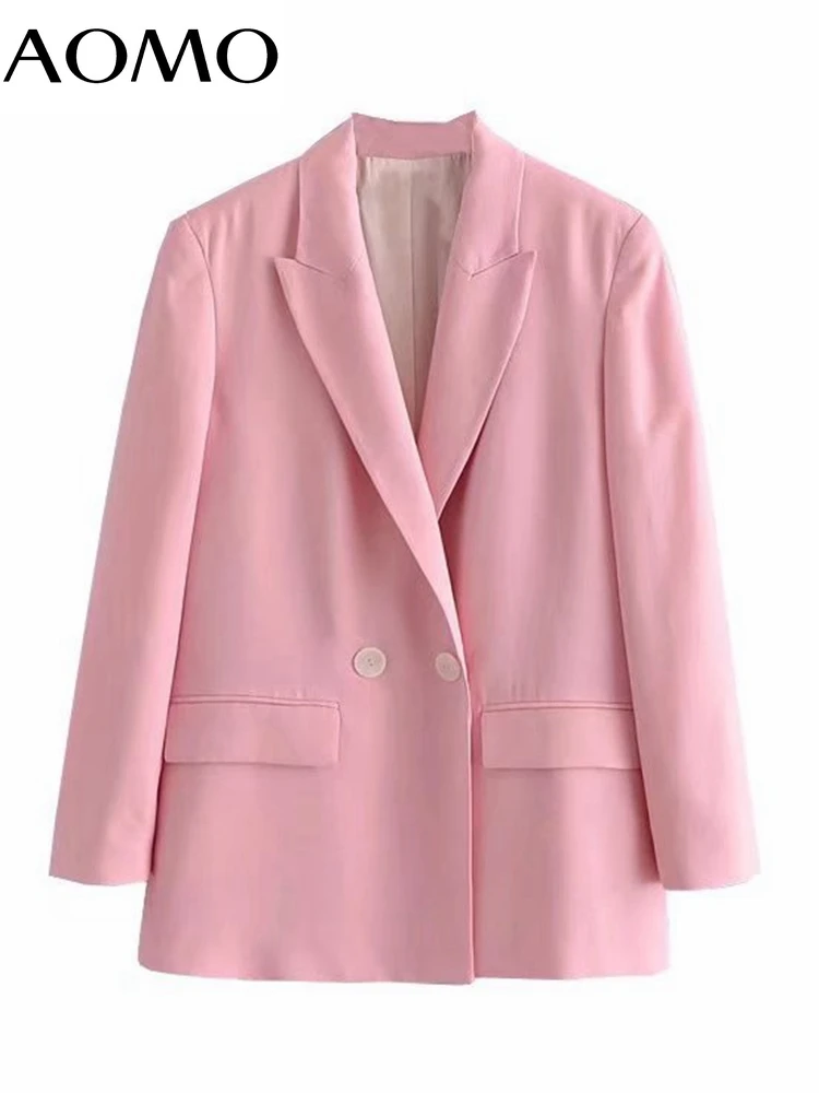 

AOMO 2022 New Women Pink Double Breasted Blazer Female Long Sleeve Ladies Work Wear Blazer Formal Suits Outwear 3H286A