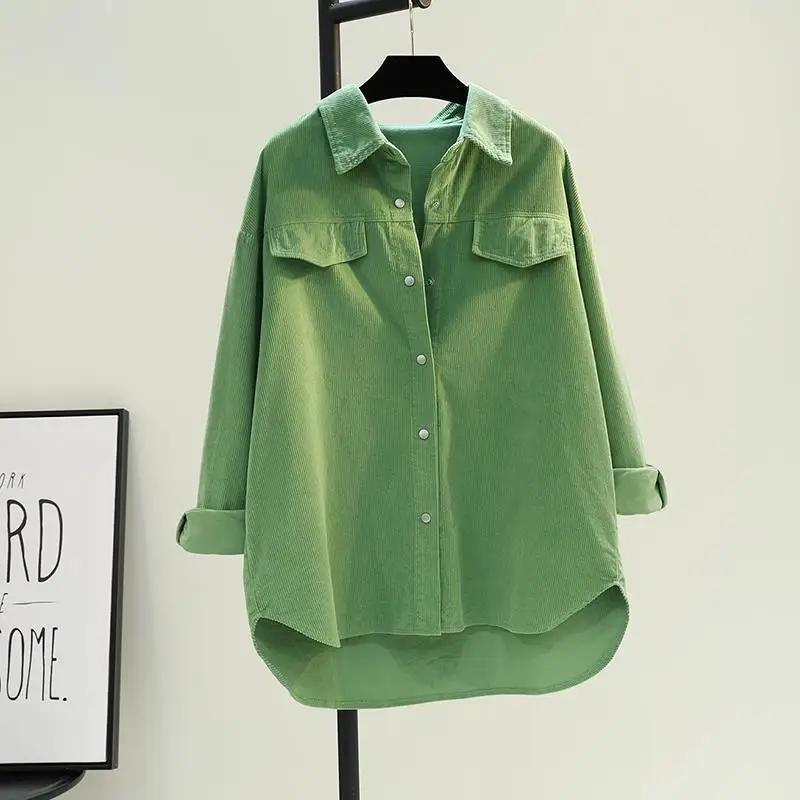 

Retro Casual Corduroy Shirt Women's Spring and Summer Avocado Green Mid-length 2022New Double-pocket Shirt Jacket Cardigan Tops