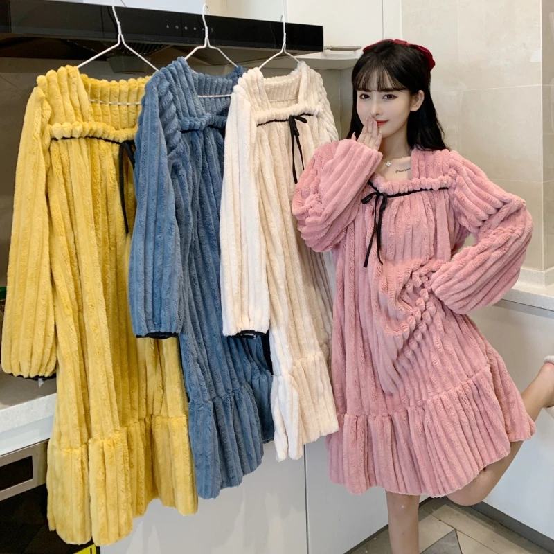 

Зима 2023, Женская фланелевая ночная рубашка с длинным рукавом, Толстая теплая ночная рубашка с милым бантом в Корейском стиле, ночная рубашка, ночная рубашка