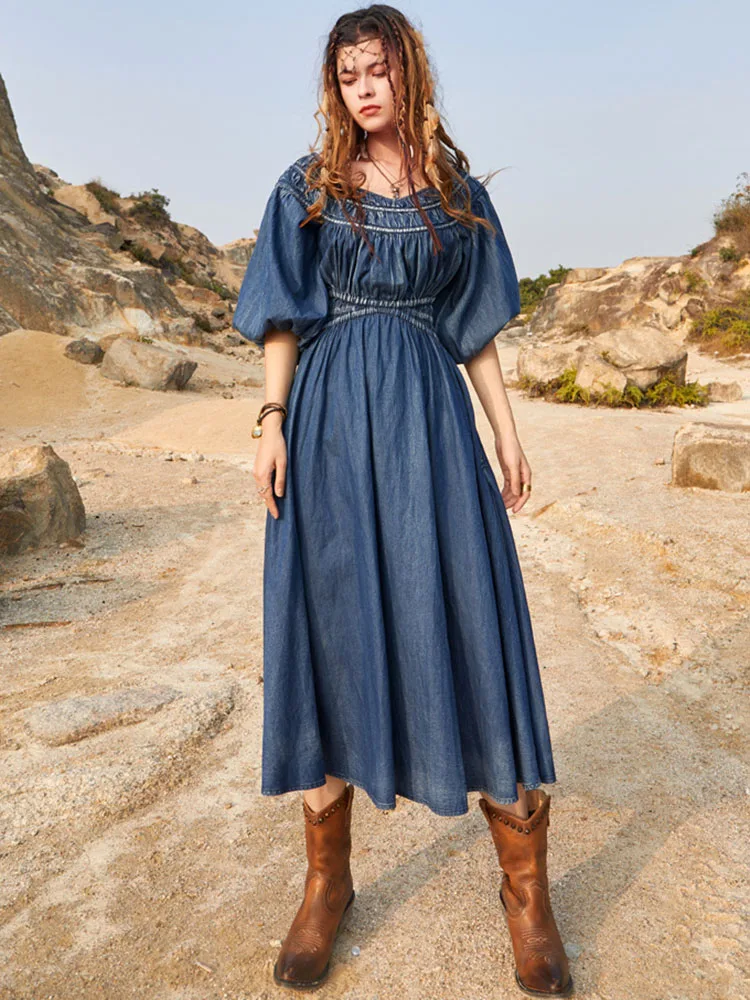 

Женское джинсовое платье с рукавами-фонариками, однотонное элегантное винтажное платье из денима с О-образным вырезом, весна-лето 2023