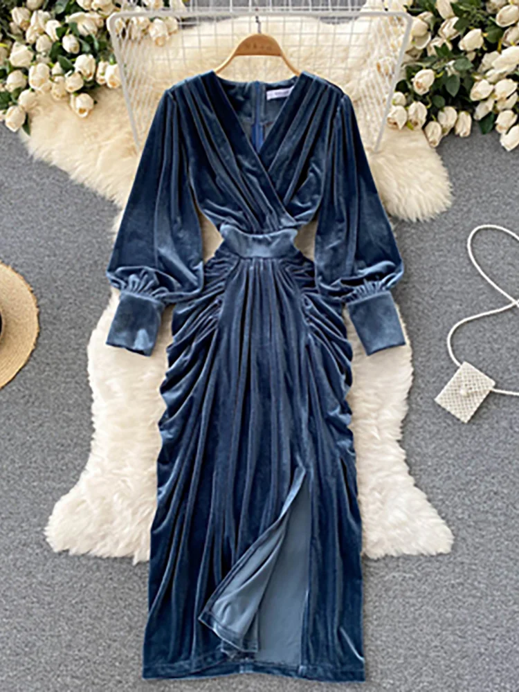 

Women Blue Draped Velvet Long Dress Elegant V-Neck Lantern Sleeve High Waist Party Robe Female Autumn Winter 2022 New Fashion