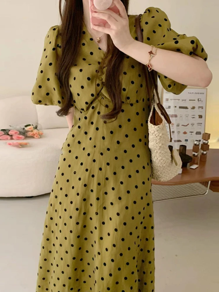 

Gaganight Women Polka Dot V-neck Puff Sleeve Dress 2022 Korean Summer Gentle Folds High Waist Thin Long Dresses Female Vestidos