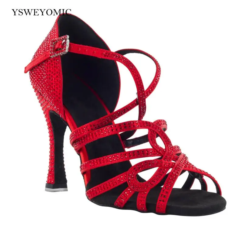 Women Red Rhinestone Latin Dance Shoes Soft Sole Salsa Bachata Dance Shoes For Girls Dance-shoes Wedding Dance Party Sandals