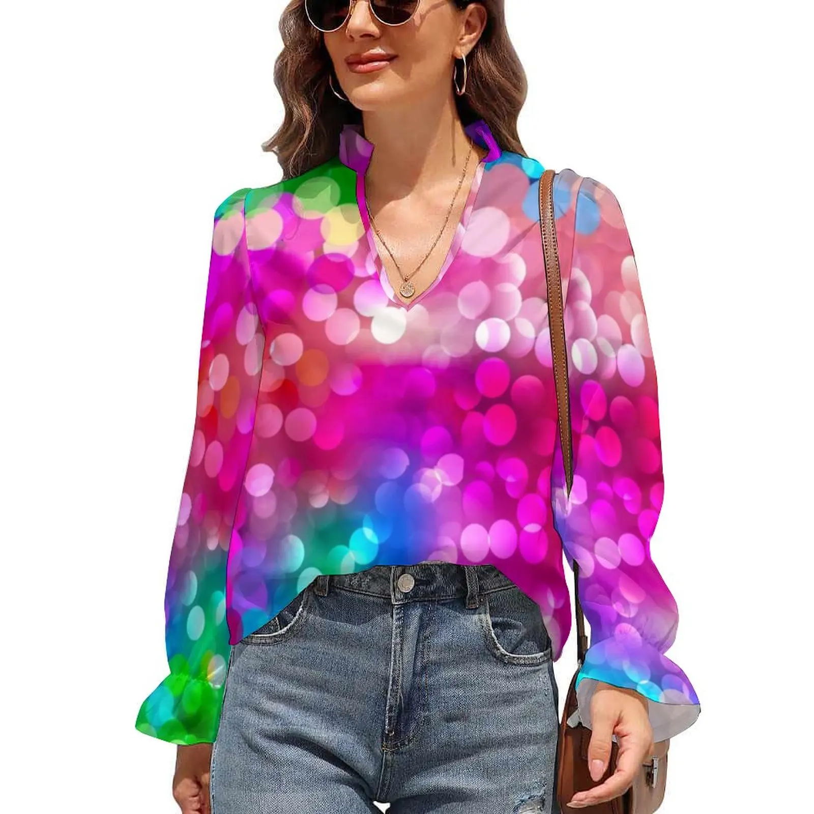 

Rink Disco Ball Chiffon Blouse V Neck Abstract Design Elegant Blouses Summer Puff Sleeve Street Fashion Shirt Woman Graphic Tops