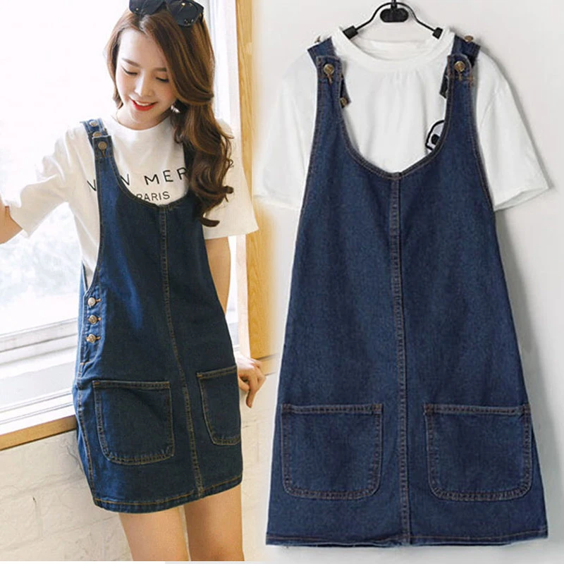 

Casual Loose Overalls Dresses Summer Women Denim Dress Sundress Female Solid Color Strap Jeans Dresses Straps Jean Dress E83