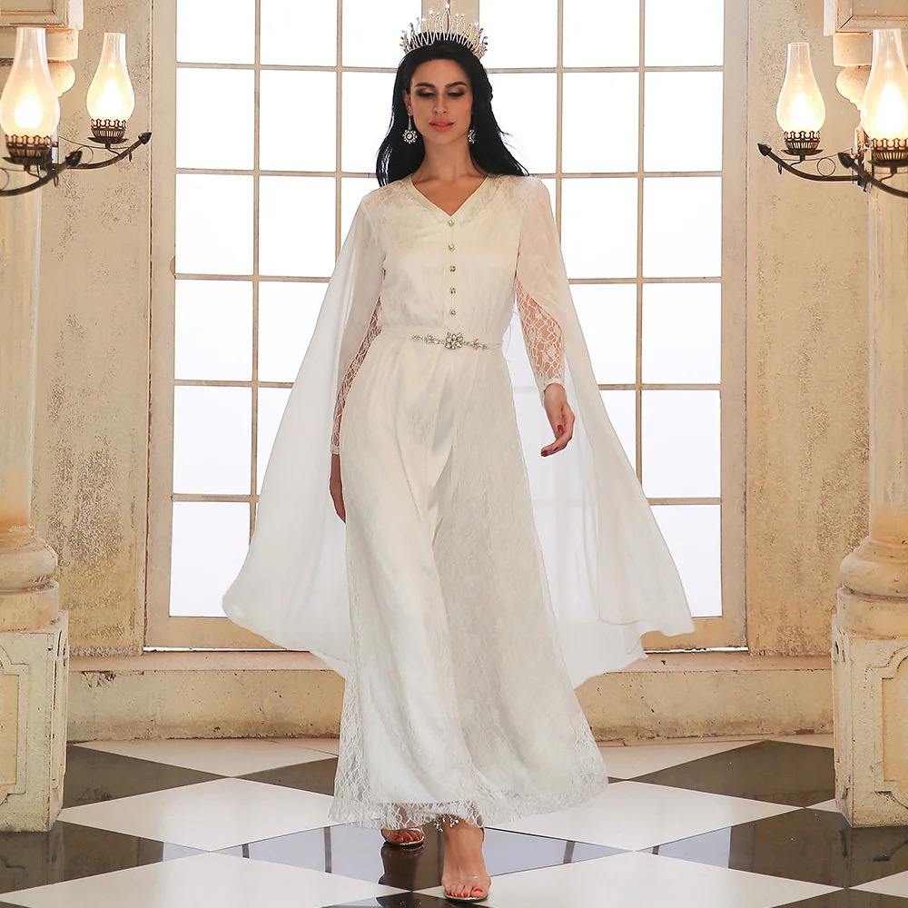 Шикарное элегантное белое платье для свадебной вечеринки шифоновое платье для гостей невесты с кружевом марокканский вечерний кафтан длин...