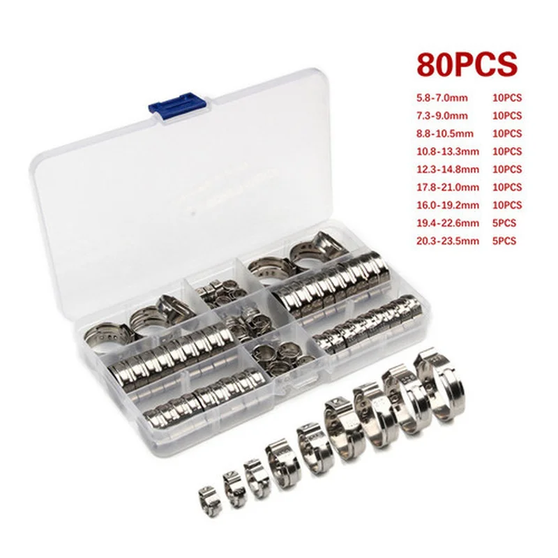 

80pcs Stainless Steel Ear Stepless Clamp Worm Drive Fuel Water Hose Pipe Clamps Clips Cinch Clamp Rings Crimping Tool Kit