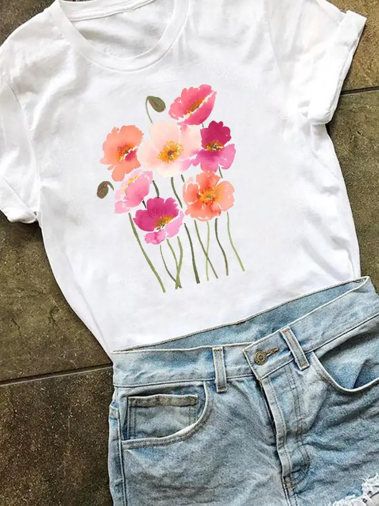 

Women Watercolor Flower Floral Fashion Graphic T-shirt Clothing Print T Shirt Short Sleeve Clothes Summer Kawaii Basic Tee Top