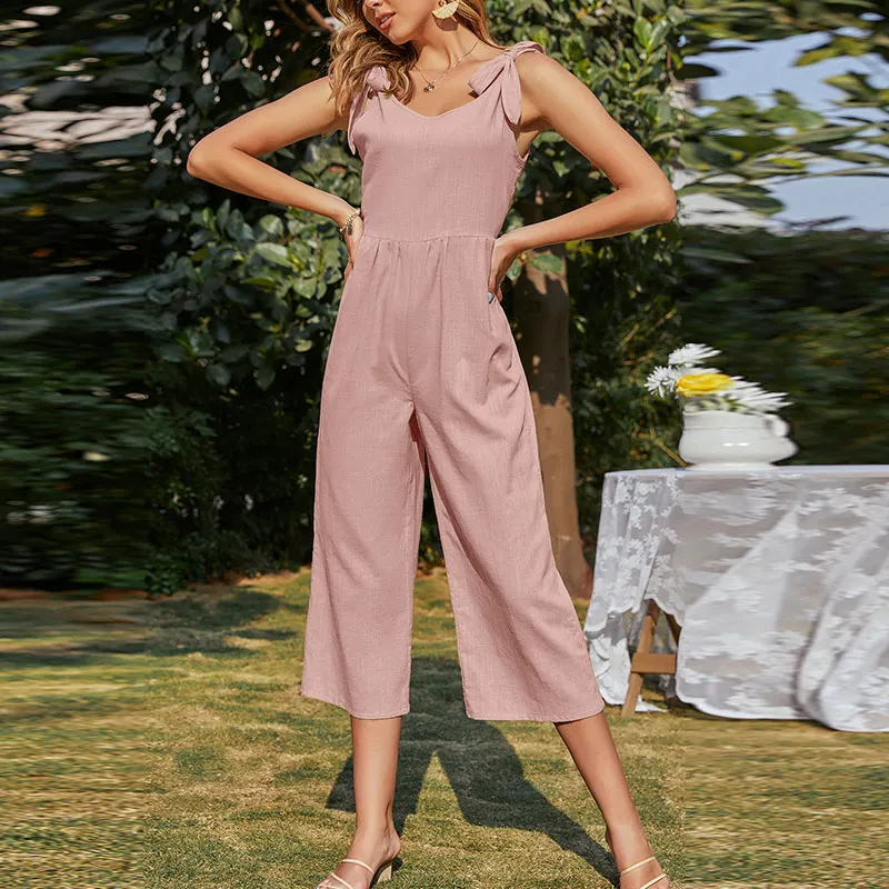 Women Sleeveless Cotton Linen Wide Leg Rompers Elegant Shoulder Bow Jumpsuits Summer Holiday Beach Casual Solid Jumpsuit Female