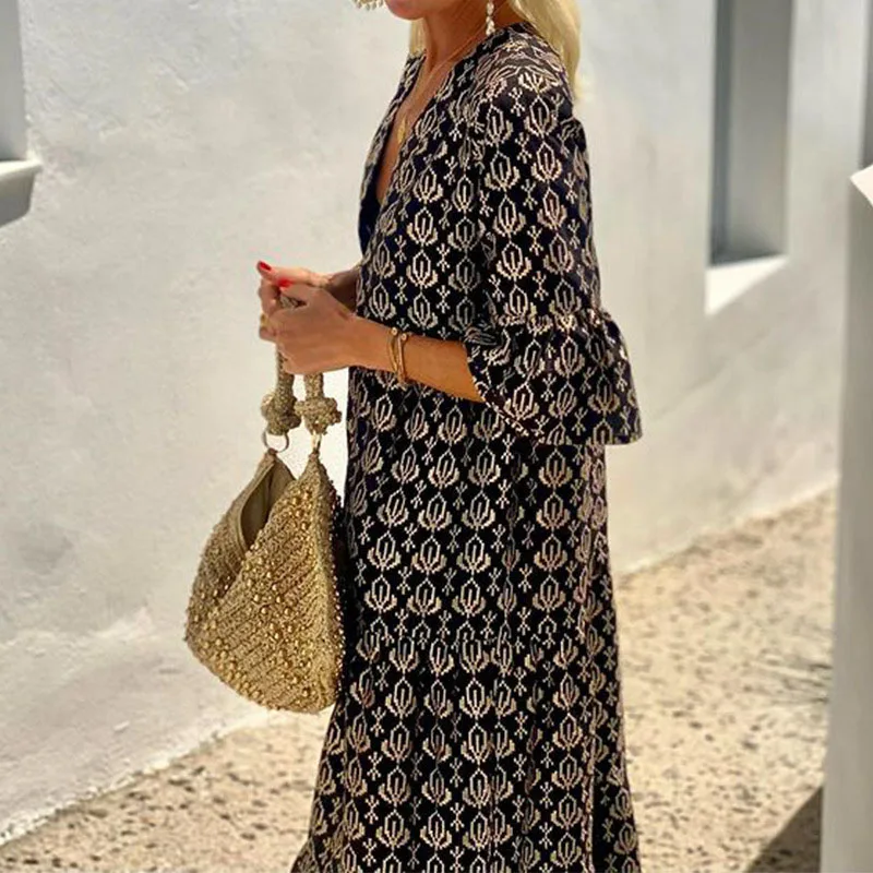 Женское свободное платье с принтом повседневное длинное V-образным вырезом и