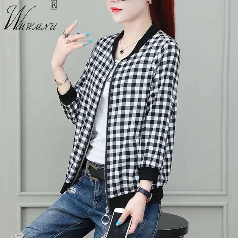 

Casual Plaid Baseball Jacket Women Vintage Thin Chaquetas Mujer 2022 Spring Cropped Jackets New Black White Zipper Cardigan