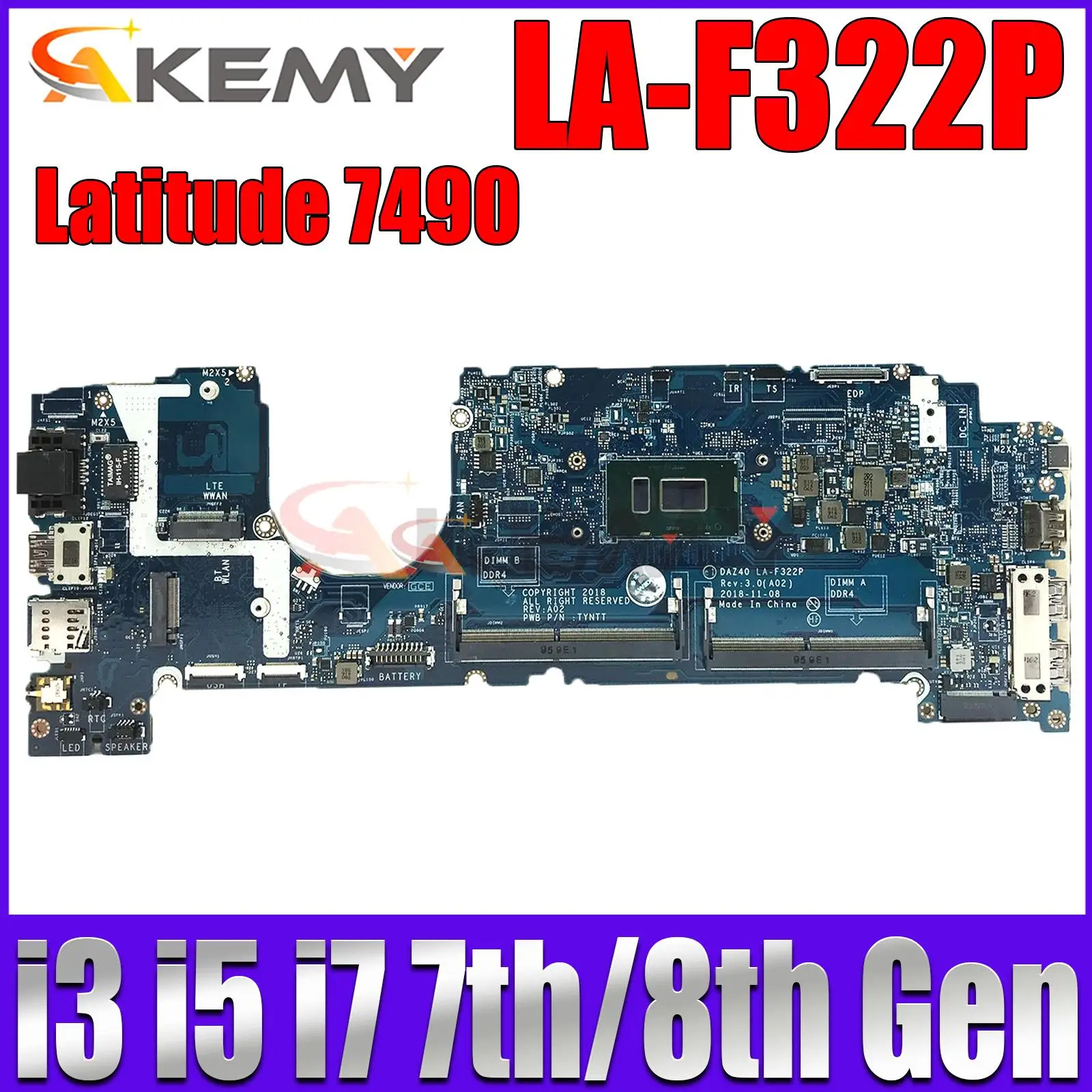 

For DELL Latitude 7490 Laptop Motherboard DAZ40 LA-F322P With i3 i5 i7 7th Gen or 8th Gen CPU CN-02YNVK 0KGYDF 0CWDR5 0PXMYG