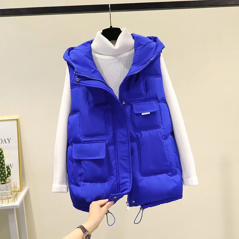 

2022 Autumn Winter Cotton Vests Coats Women's Korean Loose Wild Waistcoat Women Hooded Sleeveless Waistcoat Vest Casual Jackets