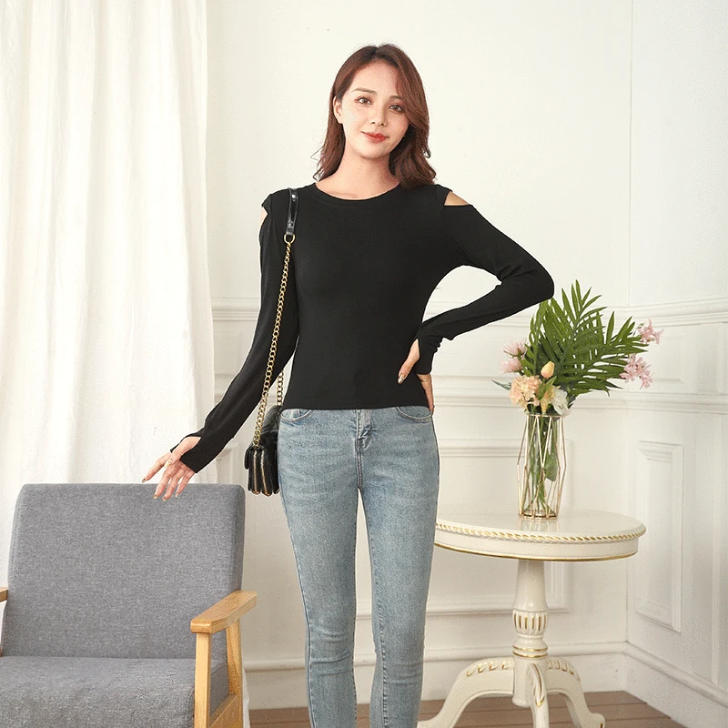 

New Black T-shirt with black bottom, Korean version slim-fitting, round neck, long sleeve, off-shoulder T-shirt WHITE