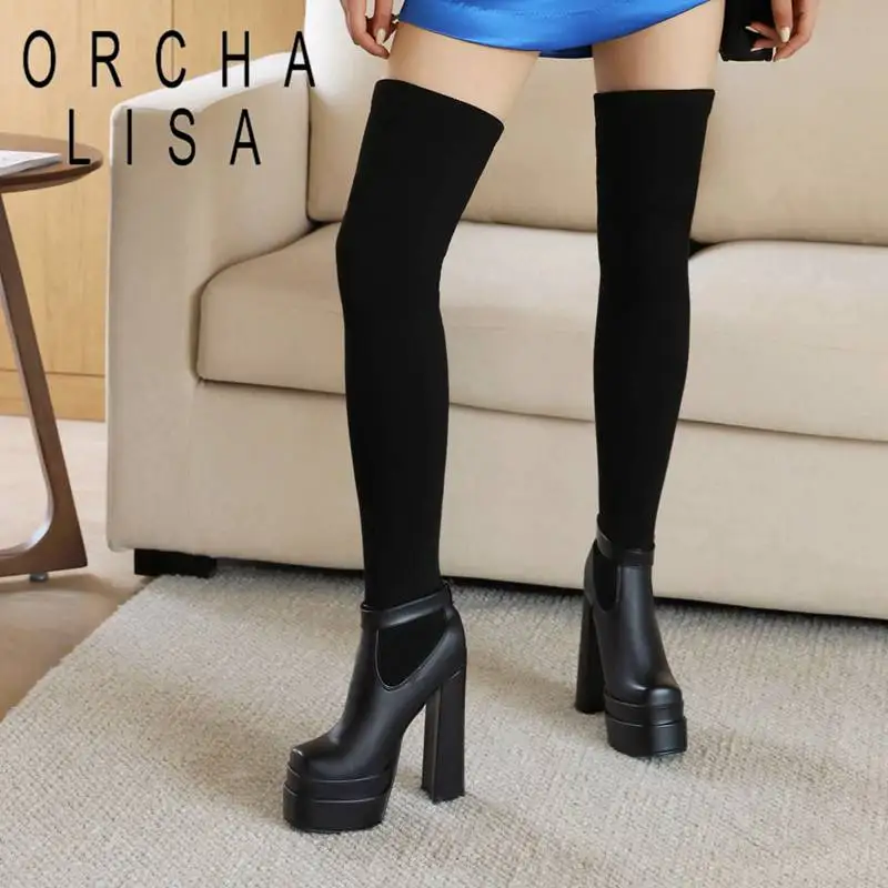 

ORCHA LISA Womans Thigh Stretchy Boots 65cm Knitting Splice Square Toe 14cm Double Platfor 5cm Buckles Big Size 43 Fashion Booty